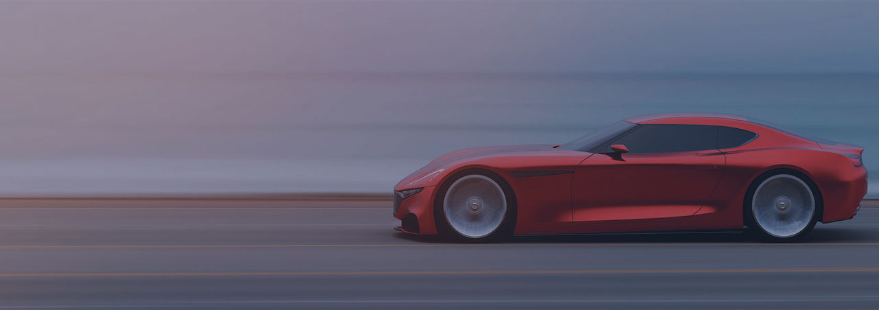 view from side of fast moving car, motion blur,  3D, car of my own design.