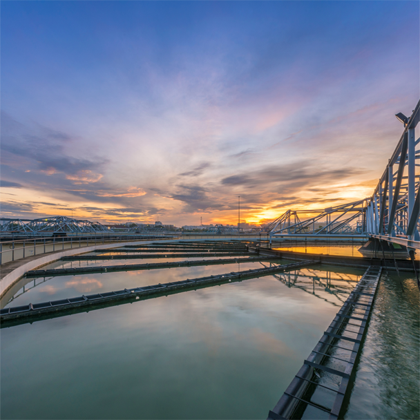 Waste water treatment plant with sunset